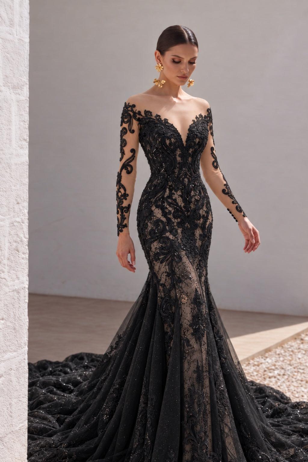 Trumpet-Mermaid Chapel Train Lace Tulle Wedding Dress CW3009 - 45 Days / As Picture:Black/Medium Nude / US0-UK2-EUR30 - COCOMELODY